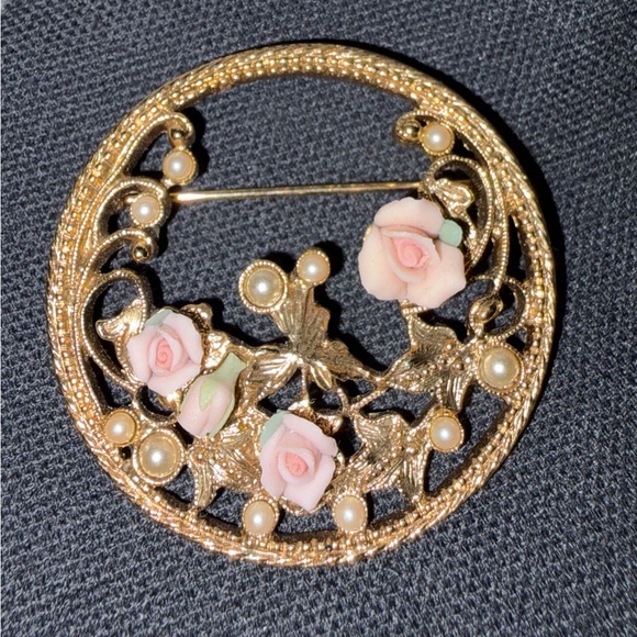 Gold Floral Porcelain Rose Brooch with Pearl Accents - Women Jewelry - Picture 7 of 7